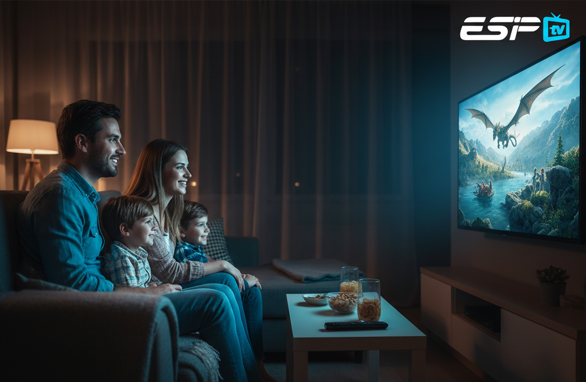 Une famille heureuse dans un salon moderne regardant un film d'action sur ESIPTV Pro